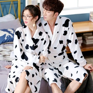 روب حمام من الفانيلا باللون الأبيض لفصلي الخريف والشتاء للأزواج، ثوب نوم طويل من الصوف المرجاني للنساء، بيجامة للرجال بنقشة سادة مريحة للاستخدام الفندقي - Product Image 2