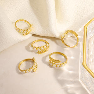 SUMMLY Bague tendance en acier inoxydable plaqué or 18 carats, ajustable, en forme de graine de blé croisée, avec perle, bijoux de mode - Product Image 3