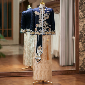 Costume de Mariage Traditionnel Chinois pour Homme, Broderie en Satin Jacquard, Bloc de Couleurs, Col Mandarin, Fermeture Éclair, <span class=keywords><strong>Tenue</strong></span> de Cérémonie, Vente en Gros - Product Image 1