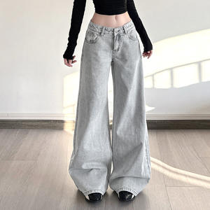 Vaqueros de pierna ancha lavados de tiro bajo, pantalones de mezclilla rectos para mujer, estilo urbano Y2K, pantalones casuales de ajuste holgado - Product Image 6