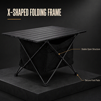 Table pliante portable en aluminium OEM avec panier de rangement en Oxford, base en forme de X pour le camping, le pique-nique, la pêche, le barbecue