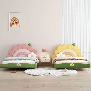 Cómoda cama amarilla de princesa de girasol para niños con marco de madera maciza diseño de dibujos animados para decoración de dormitorio de niñas pequeñas - Product Image 1