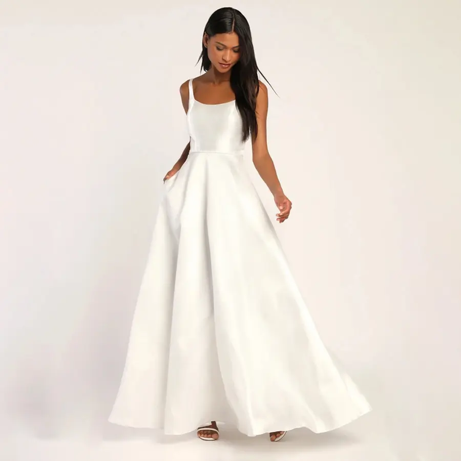 Gaun Prom Kerah Persegi Tali Tipis Sederhana Gaun Malam Putih Gaun Pesta untuk Wanita Gaun Malam
