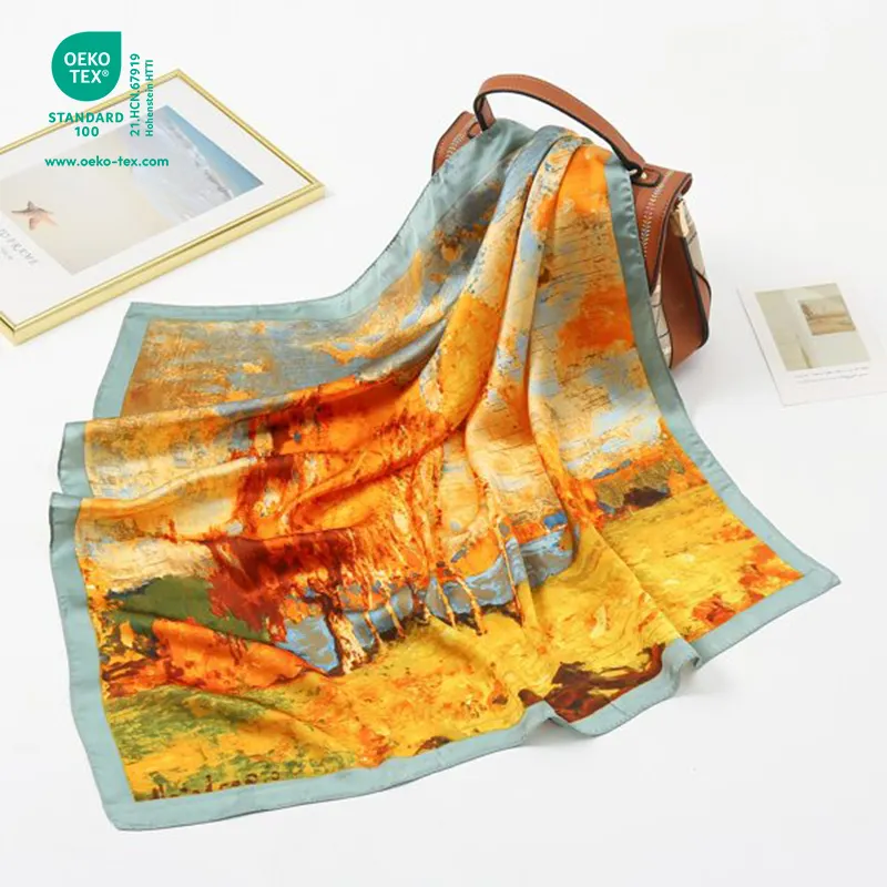 100% Silk Scarves Printing Service Designer foulard en soie Silk Bandana Women Square Custom Silk Scarf with Logo