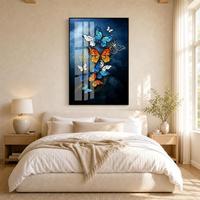 Peinture murale 3D en MDF avec papillons colorés modernes en cristal, cadre noir en verre trempé de luxe, salon, hôtels et restaurants