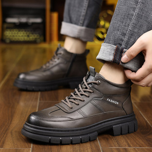 Bottes d'hiver pour hommes en cuir fendu, doublure chaude en fourrure, semelle extérieure en caoutchouc, antidérapantes, bout rond, semelle intermédiaire en EVA - Product Image 2
