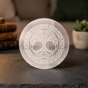 Placa Circular de Selenita Natural, Grabado Platónico de Metatrón, Hecha a Mano, Pulida, para Carga/Descarga de Energía, Artículo Coleccionable - Product Image 1