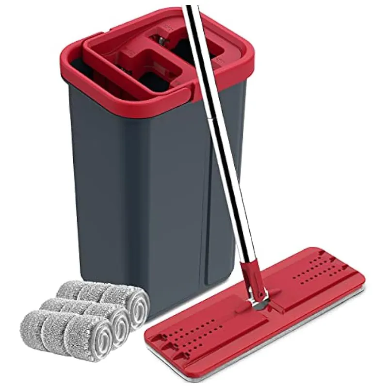 Masthome Replaceable Hand Free Microfiber Flat Mop Cleaning Floor 360 Magic Squeeze Mop And Bucket Set