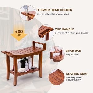 Le Rong Bamboo And Wood Teak Shower <b>Stool</b> With Storage Shelf 61X30.5X47Cm Waterproof Spa <b>Bathroom</b> Seat - Product Image 3