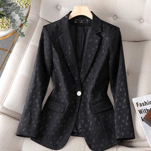 Women's <b>Blazer</b> Single <b>Button</b> Black Solid Color Worsted Fabric Autumn Winter Wear - Product Image 1