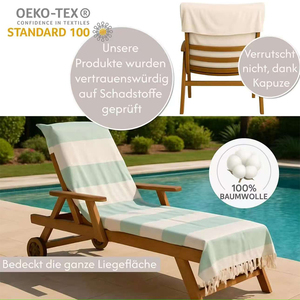 Sun Lounger <strong>Cover</strong> 200x70cm Hooded 100% Cotton Washable Beach <strong>Deck</strong> <strong>Chair</strong> <strong>Cover</strong> (Jade/Natural) - Product Image 4
