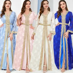 Women Moroccan Kaftan Abaya Golden Lace Dress Embroidered Islamic Ramadan Eid Dress Arabic Dubai Muslim Prayer Robe