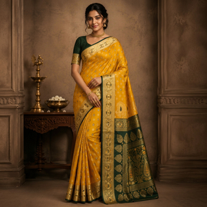 Fancy Stylish Soft <b>Yellow</b> Silk <b>Saree</b> with Peacock Embroidery Green Border Party Festive Wear Designer Ethnic Wear - Product Image 1