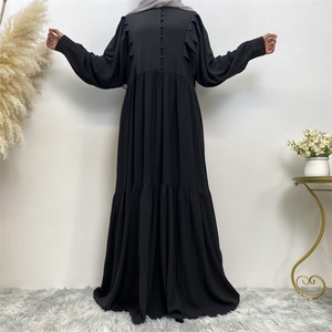 6633 #   Vestido Casual Musulmán de Gasa Burbuja de Color Sólido con Muchas Capas, Mangas Plisadas, Botones Delanteros y Falda Amplia, 6 Colores - Product Image 6