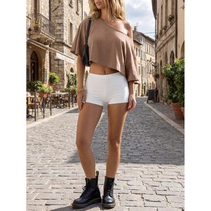 Fisoew Womens Off The Shoulder Cropped <b>Top</b> Batwing Sleeve Asymmetrical Neck Yoga <b>Top</b> Summer Casual Breathable Spandex Polyester - Product Image 5