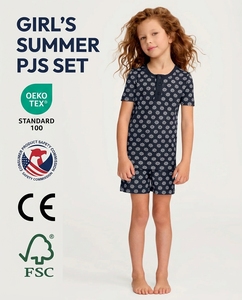 Ensemble de pyjamas pour enfants en coton de bambou écologique personnalisé, certifié OEKO-TEX, pyjama d'été pour fillette, manches courtes, Henley, avec CPC FSC - Product Image 1