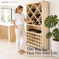 Casier à vin personnalisé en pin massif avec grille diamantée multi-compartiments pour le rangement du vin dans la salle à manger de la villa