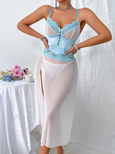 Robe de soirée exquise en dentelle brodée, style boîte de nuit, robe sexy en gaze bleue avec patchwork de dentelle, robe ultra-séduisante pour femme - Product Image 5