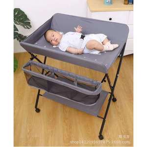 Foldable Portable Baby Changing <b>Table</b> With <b>Wheels</b> And Storage Gray Metal Frame Height Adjustable <b>For</b> Newborn Care - Product Image 3