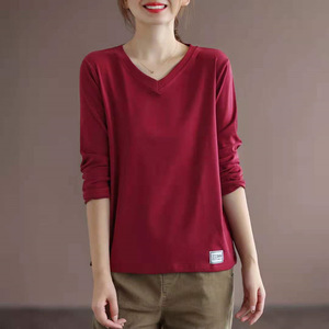V-neck Solid Color Long Sleeve T-Shirt For Women Loose Fit <b>Base</b> <b>Layer</b> Top Plus Size Trendy Knitted Polyester Fiber - Product Image 3