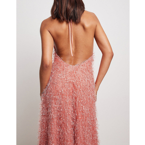 Fuzzy Furry Textured Knitted Ball Gown Simple Elegant Slim Fit Halter <strong>Maxi</strong> <strong>Dress</strong> - Product Image 2