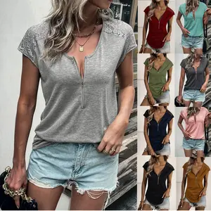 Mode Frauen Sommer einfarbig T-Shirts Aushöhlen Spitze Reiß verschluss Dekor V-Ausschnitt Kurzarm Casual Pullover Top