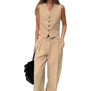 Conjunto de Dos Piezas de Verano para Mujer, Chaleco de Lino y Algodón de Color Sólido con Cuello en V, Conjuntos de Moda - Product Image 1