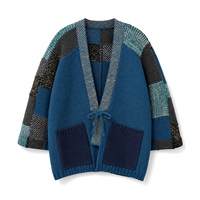 Cardigan pour homme en mélange de laine, coton et lin, tricot patchwork, ouverture sur le devant, fermeture à nouer, coupe oversize, style vintage, automne-hiver, vente en gros, OEM