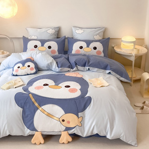 Housse de <span class=keywords><strong>couette</strong></span> en broderie <span class=keywords><strong>pingouin</strong></span> mignon, drap de lit 100% coton délavé bleu, ensemble de literie pour enfants, fournisseur - Product Image 2