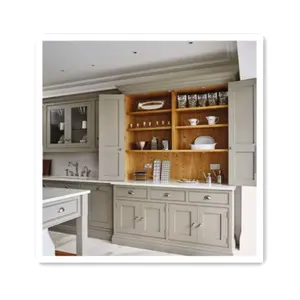 Armario de cocina francés, mueble de madera maciza, color blanco crema, servicio OEM con cajón de almacenamiento