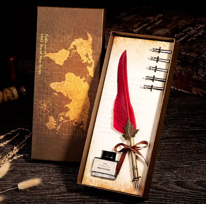 Ручка перьевая в античном стиле, подарочный набор в европейском стиле с металлическим наконечником и чернилами для письма и выгравирования в ретро стиле