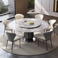 Mesa de Comedor Redonda de Diseño con una Superficie de Piedra Brillante y una Base de Madera Maciza con Incrustaciones de Acero Inoxidable para Muebles de Hogar Modernos