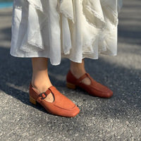 228-12 Manlunluo Chaussures décontractées style coréen Mori Girl, en cuir de vachette pleine fleur, faites à la main, à talon moyen et bout pointu, nouvelle collection automne