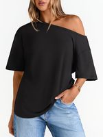 T-shirts décontractés pour femmes en gros, épaules dénudées, manches courtes, couleur unie, écologiques, respirants, tendance, logo, coupe ample