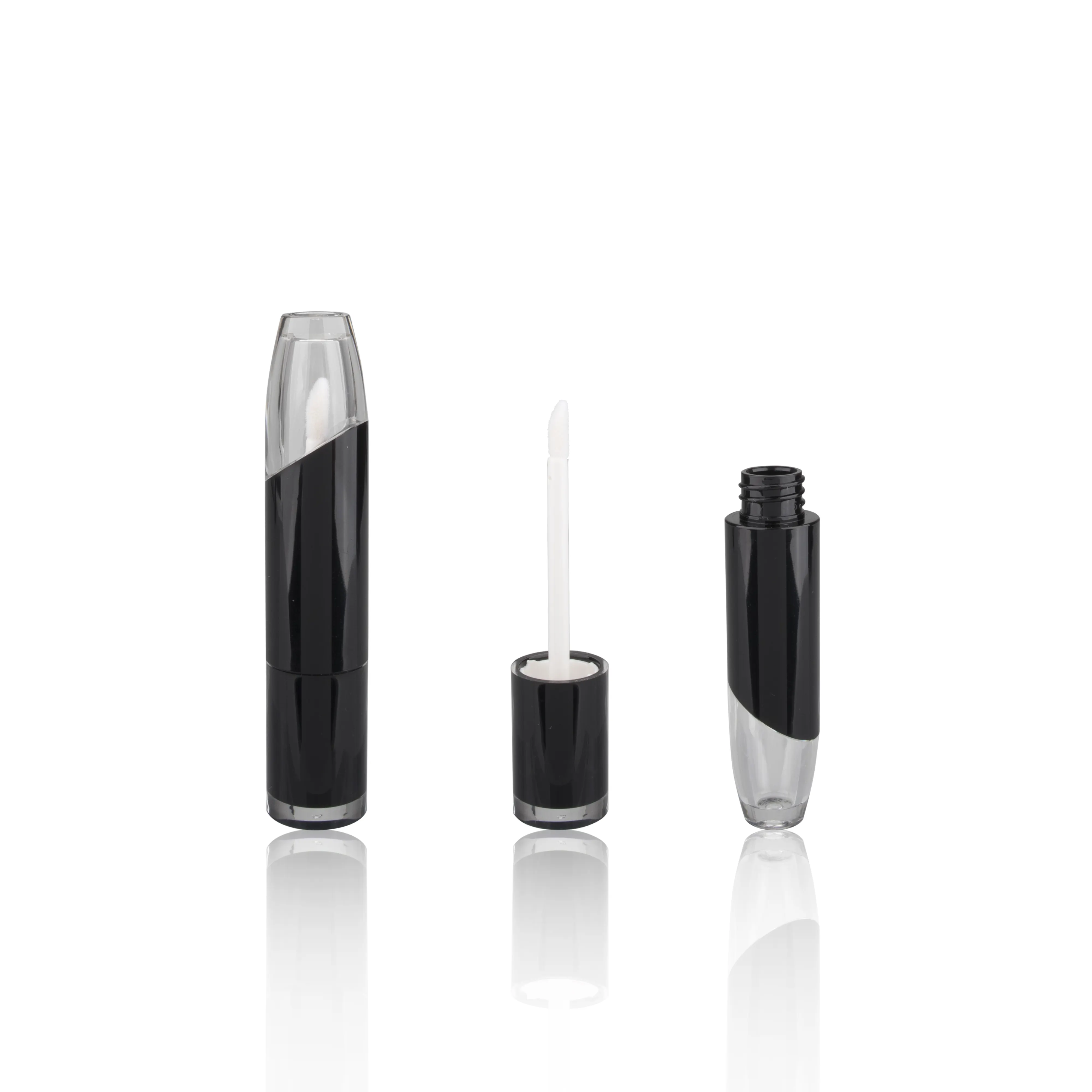 Neuzugang Kosmetikverpackung Anbieter rund glänzend schwarz Lipgloss-Flasche klarer Boden Lippenstift Gloss-Flasche mit Fuß-Spitze