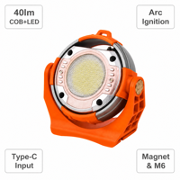 Luce Multifunzione con Clip per Cappello, 40LM COB LED, Torcia da Lavoro con Accendino ad Arco Elettrico, Lampada Frontale Magnetica Ricaricabile, Torcia d'Emergenza