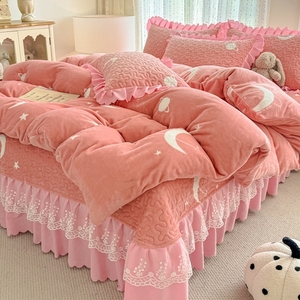 <strong>Double</strong>-layer Lace Trimmed, Soft Jersey Printed Bed Set with Four Pieces Bed <strong>Sheets</strong>, Pillowcases, Duvet Cover Sets - Product Image 3