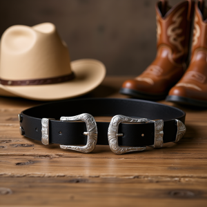 Cintura Angelina in Vera Pelle 3,5cm X 100cm con Doppia Fibbia Stile Western Accessorio Moda Unisex - Product Image 2