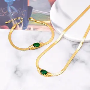 2024 Flat Chain Snake Necklace Bracelet Set Shinny Emerald Green Necklace Unfade Fashion Jewelry Jewelry Sets