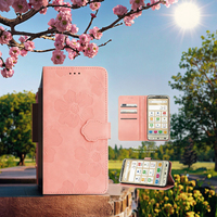 WEVIEW Étui portefeuille simple pour smartphone 7/6 en cuir PU motif fleur de cerisier avec rangement pour cartes, fermeture magnétique et fonction support [Rose]