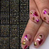 Lot de 12 autocollants laser dorés pour ongles, motif cœur d'amour, Saint-Valentin, couple, chat, nœud, manucure, sliders pour ongles, fournitures pour ongles