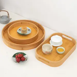 रसोई कॉफी दोपहर की चाय के लिए हैंडल बांस प्लेट अखरोट गोल टेबल ट्रे के साथ अनुकूलित थोक लकड़ी की सर्विंग ट्रे
