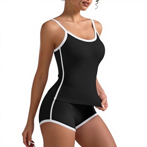 Conjuntos Deportivos para Mujer de 2 Piezas, Top Corto con Ribete en Contraste, Pantalones Cortos de Gimnasio, Tirantes Ajustables, Ropa Casual para Yoga y Descanso - Product Image 3