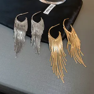 925 Silver Fashion C-shape Gold Tassel Earrings Long Tassel Fringe Earrings For Women Jewelry