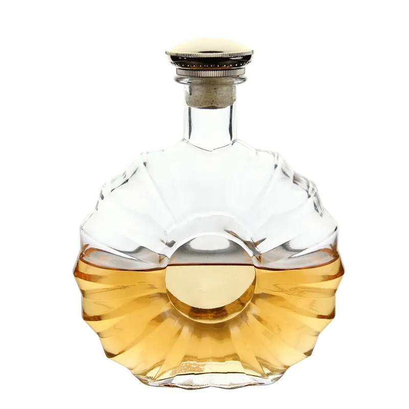 AIHPO01 Botellas Vidrio Licor Custom Empty Flat Round Fan Shaped Luxury Whiskey Wine 500ml XO Brandy Glass Bottle with Lid