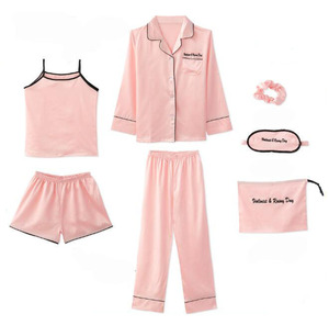 Ensemble de pyjamas 7 pièces en <span class=keywords><strong>satin</strong></span> de soie pour femmes Pyjamas de couleur unie Vêtements de nuit pour femmes - Product Image 1
