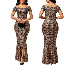 Elegantes Sommerkleid mit kurzen Ärmeln und goldenen Blumen, Abendkleid für Damen, langes Ballkleid - Product Image 1