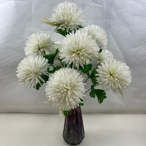 Bouquet <span class=keywords><strong>de</strong></span> chrysanthèmes artificiels en soie blanche, fausses fleurs <span class=keywords><strong>pompons</strong></span>, feuillage vert pour la décoration <span class=keywords><strong>de</strong></span> la maison, du vase, du mariage et des commémorations - Product Image 1