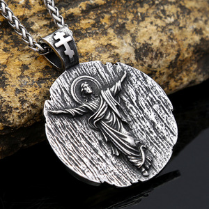 Stainless Steel Round Pendant Necklace Men's Religious Jesus Christ Design Punk Retro Style Jewelry <b>Cross</b> Pattern Fashion - Product Image 2
