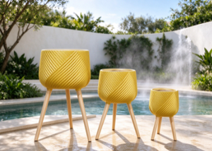 Yellow Rattan Flower <b>Pot</b> Set with Wood Legs Modern Minimalist Indoor Planter for Green Plants 3 Pcs Circular Pattern - Product Image 4